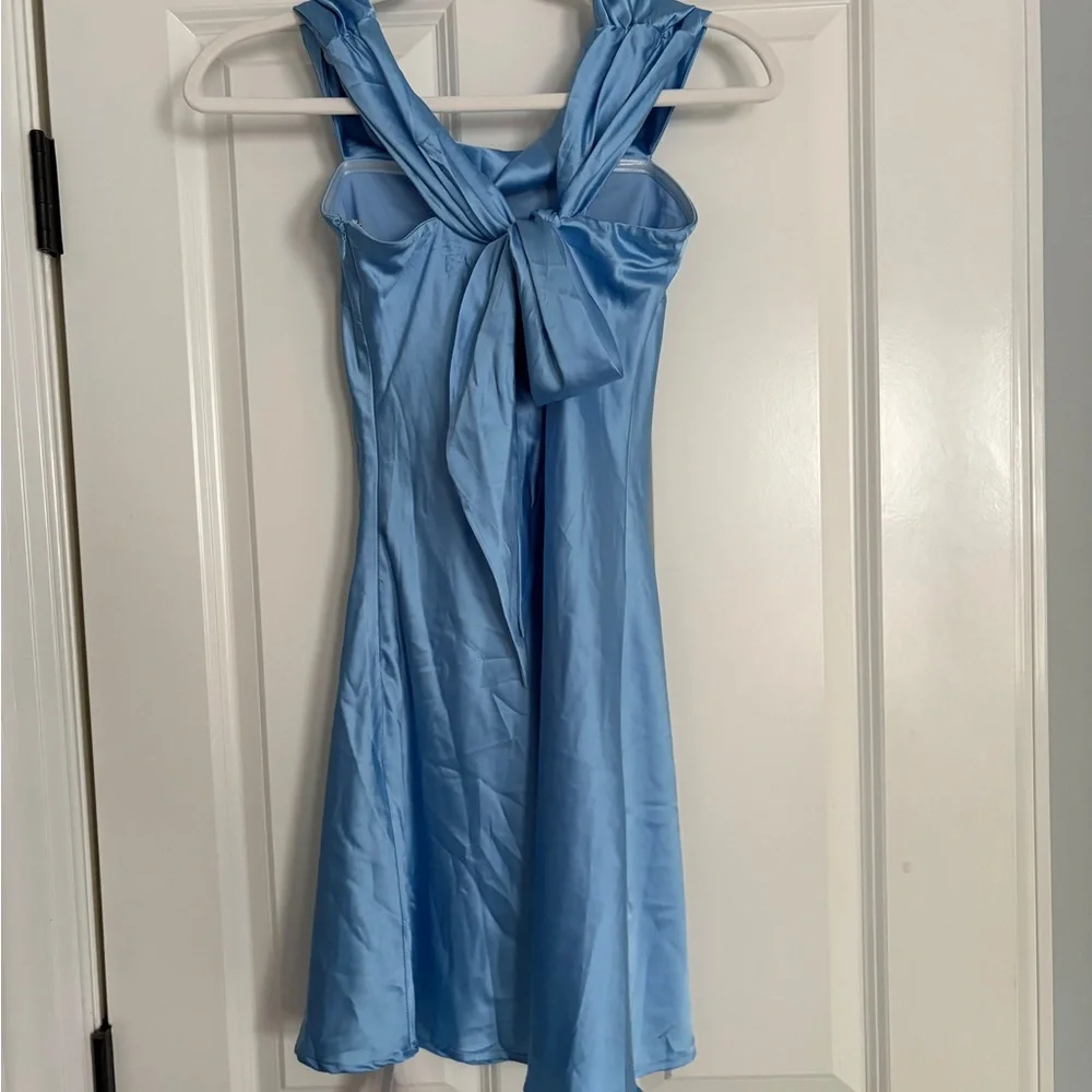 Primrose Blue Satin Off the Shoulder Mini Dress - Picture 4 of 4
